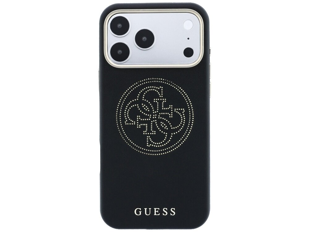 Czarne etui na telefon z perforowanym złotym logo w kształcie okręgu na środku. Na dole widoczny jest napis \'GUESS\'.