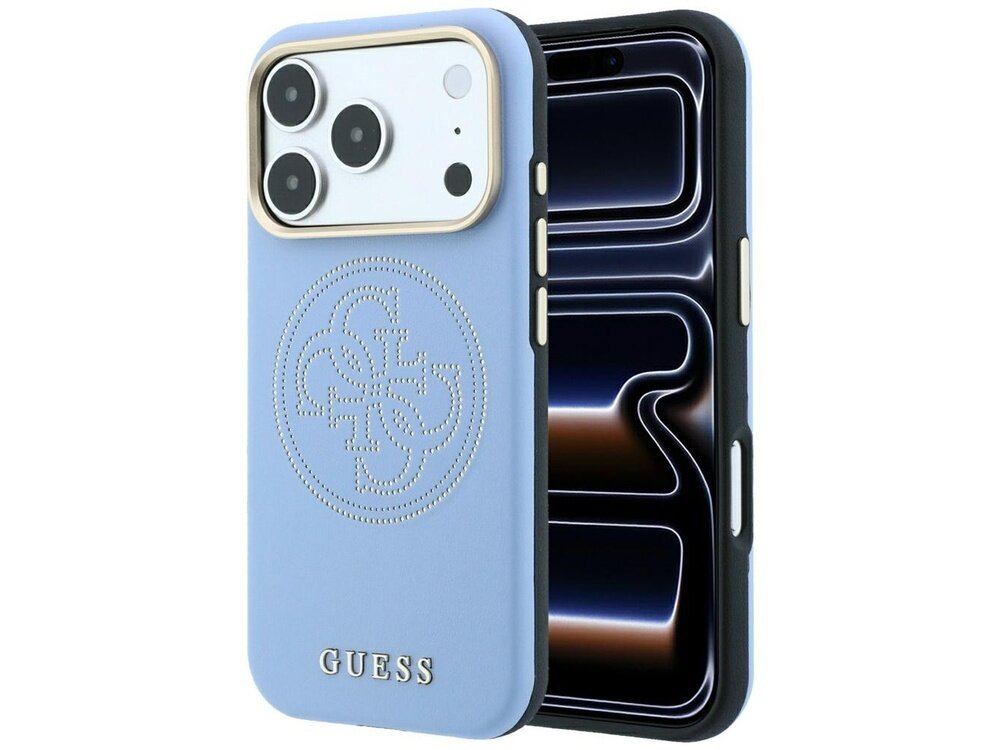 Jasnoniebieskie etui na telefon z perforowanym wzorem i złotym logo GUESS. Etui posiada wycięcia na aparat i przyciski boczne.