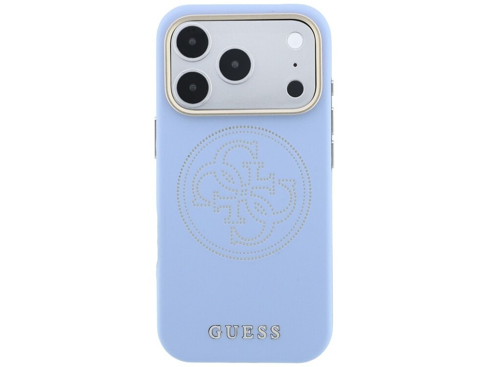 Jasnoniebieskie etui na telefon z perforowanym wzorem i złotym logo GUESS. Widoczny jest aparat telefonu z trzema obiektywami.