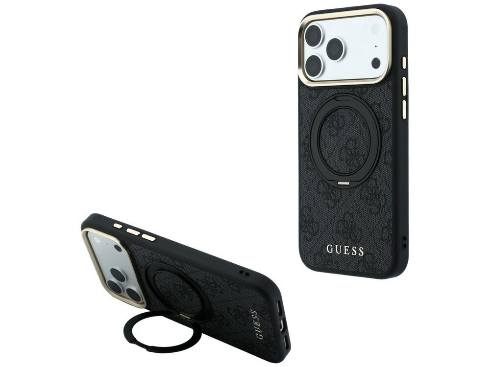 Czarne etui na telefon z logo \'GUESS\' i wzorem, posiada okrągły uchwyt na tylnej części. Etui jest przeznaczone do telefonu z trzema dużymi obiektywami aparatu.