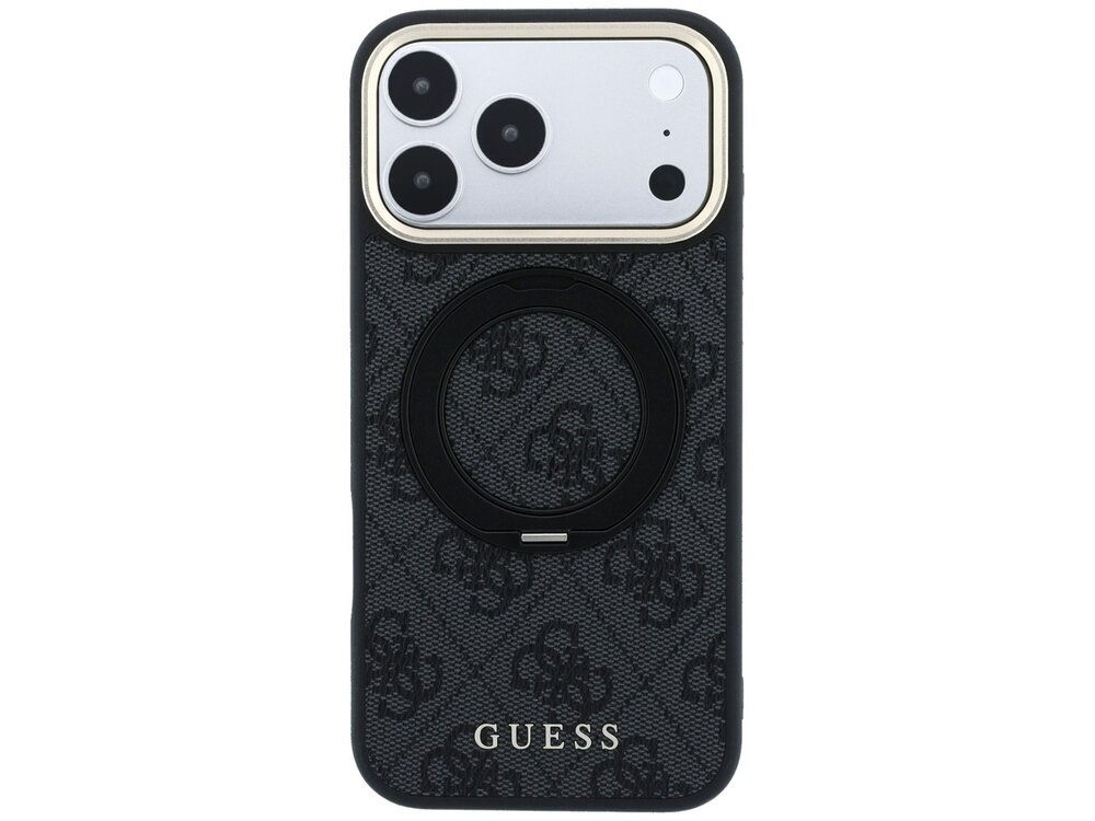 Czarne etui na telefon z logo GUESS, posiada okrągły uchwyt na środku oraz wzór z literami. Na górze widoczne są trzy obiektywy aparatu telefonu.
