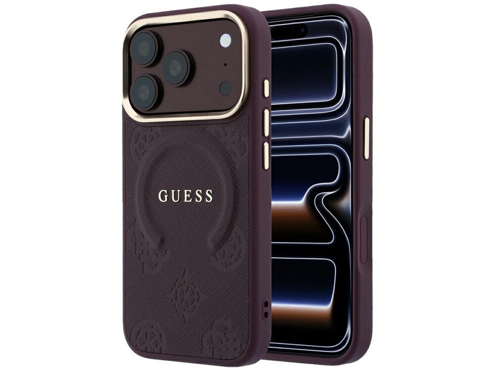 Burgundowe etui na telefon z napisem \'GUESS\' i wzorem wytłoczonym na powierzchni. Etui posiada wycięcia na aparat i przyciski boczne.