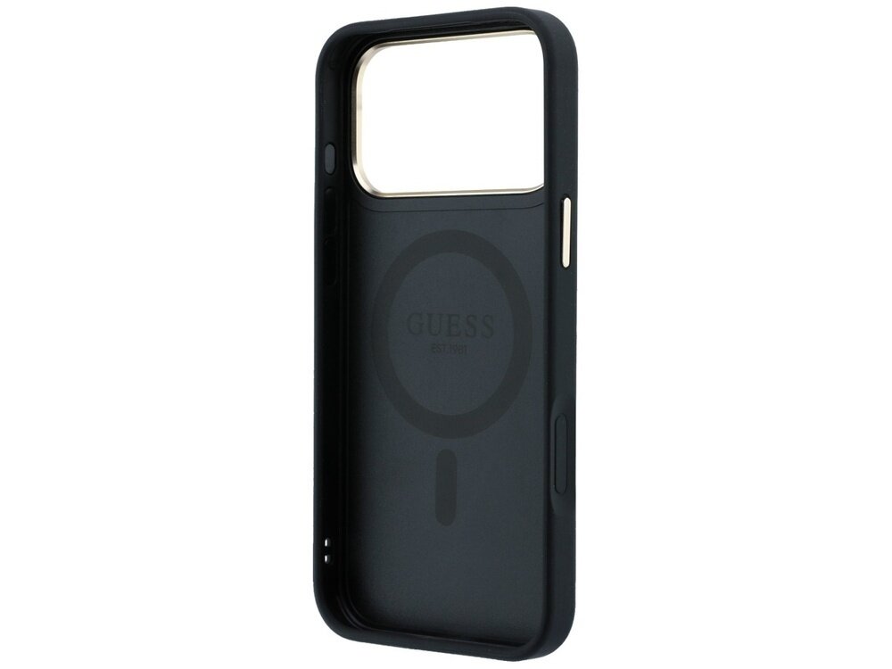 Czarne etui na telefon z dużym otworem na aparat i napisem \'GUESS\' w środku. Etui posiada okrągły wzór sugerujący kompatybilność z MagSafe.