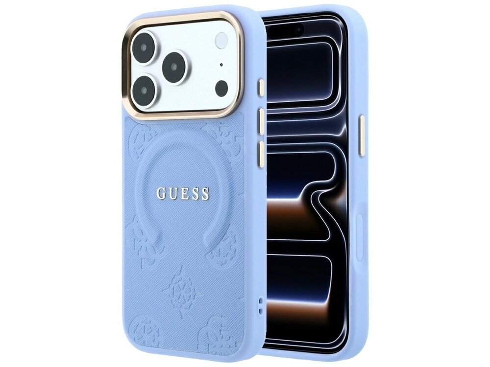 Jasnoniebieskie etui na telefon z wytłoczonym wzorem i napisem \'GUESS\'. Etui posiada wycięcia na aparat i przyciski boczne.