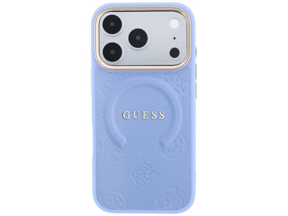 Jasnoniebieskie etui na telefon z wytłoczonym wzorem i napisem \'GUESS\'. Etui posiada wycięcia na aparat i przyciski.