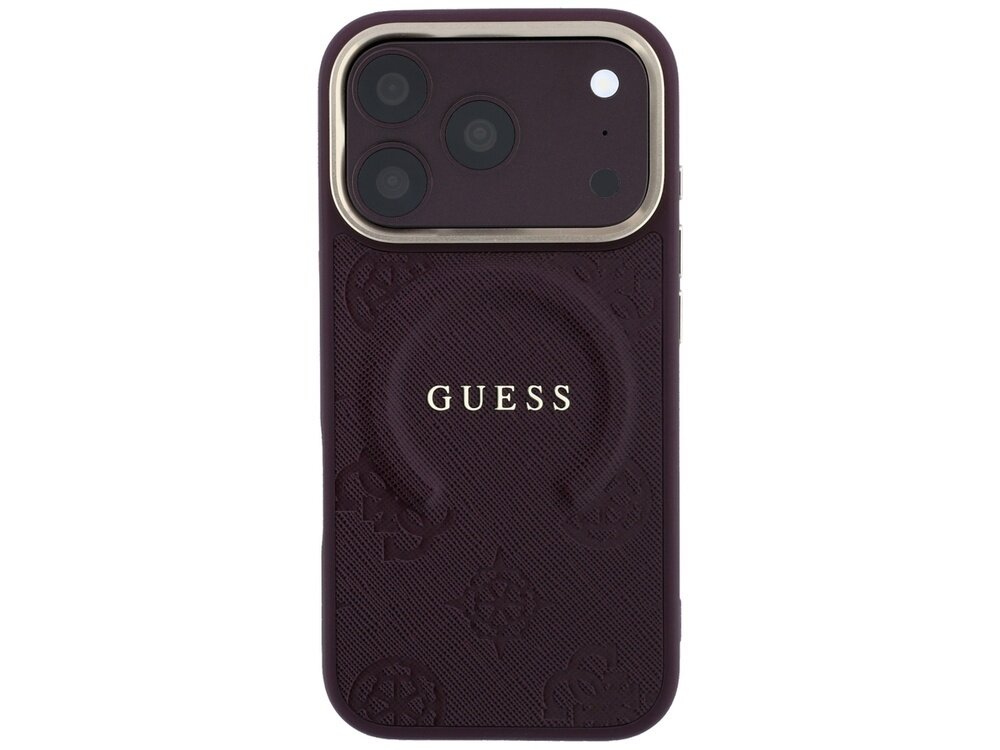 Burgundowe etui na telefon z teksturą i wytłoczonym logo \'GUESS\'. Etui posiada wycięcia na aparat i inne elementy telefonu.