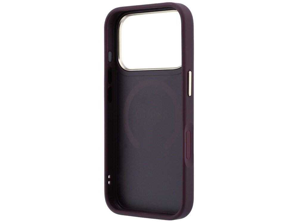 Burgundowe etui na telefon z dużym otworem na aparat i przyciskami w kolorze złotym. Wewnątrz widoczny jest okrągły wzór, prawdopodobnie związany z funkcją MagSafe.