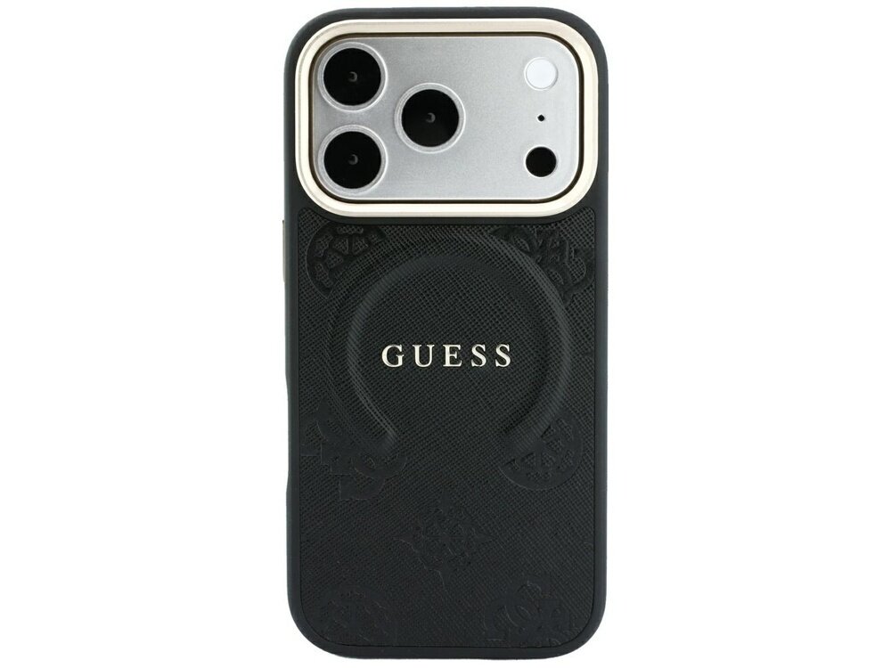 Czarne etui na telefon z napisem \'GUESS\' i wycięciem na aparat z trzema obiektywami oraz lampą błyskową.