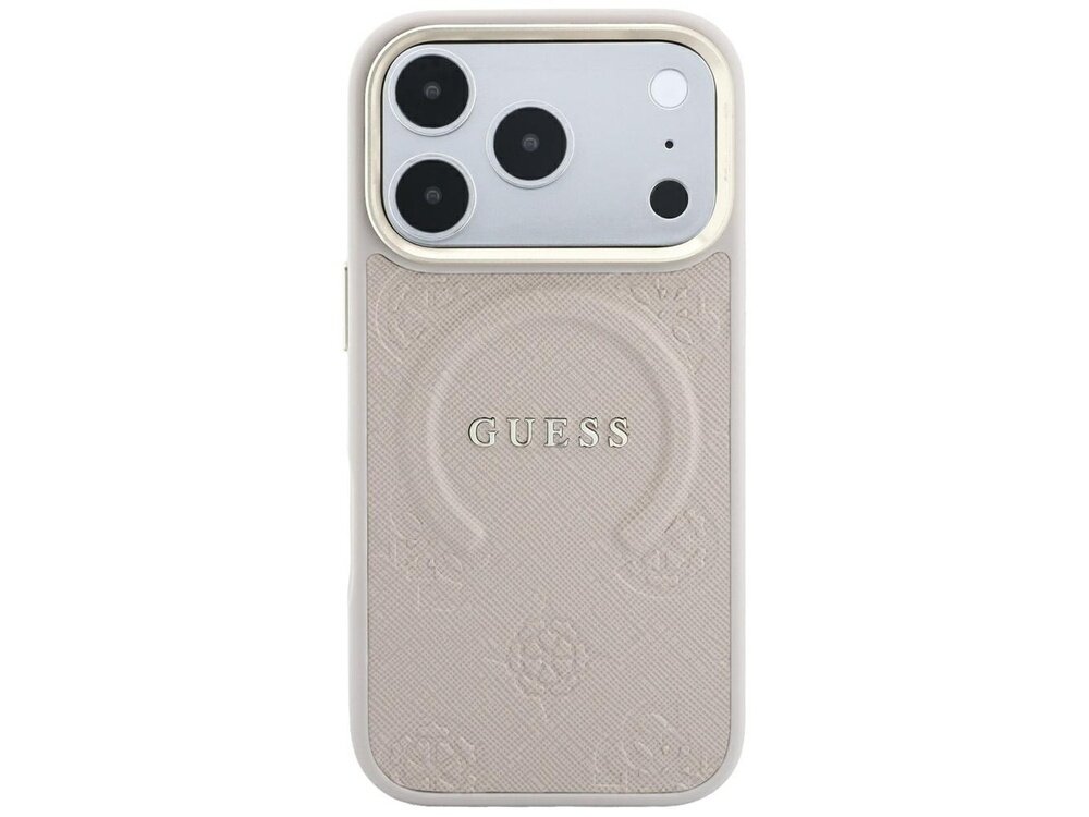 Etui na telefon w kolorze różowym z teksturą, z widocznym logo \'GUESS\' oraz trzema otworami na aparaty fotograficzne.
