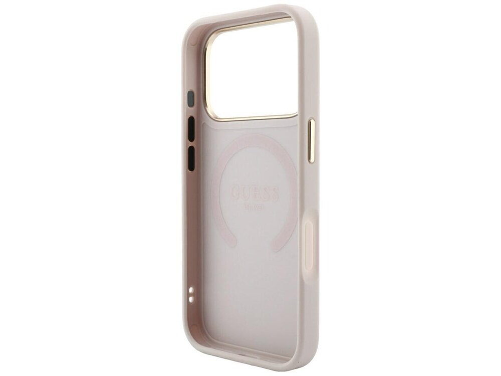 Różowe etui na telefon z dużym otworem na aparat i napisem \'GUESS\' wewnątrz. Etui posiada wycięcia na przyciski i porty.