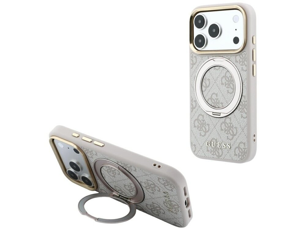 Obraz przedstawia różowe etui na telefon z logo GUESS i wzorem 4G, wyposażone w okrągły uchwyt na tylnej części. Etui ma złote wykończenia wokół aparatu i przycisków.