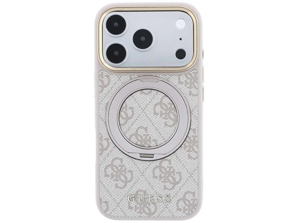 Etui na telefon z wzorem logo i pierścieniem na środku, z napisem \'GUESS\' na dole.