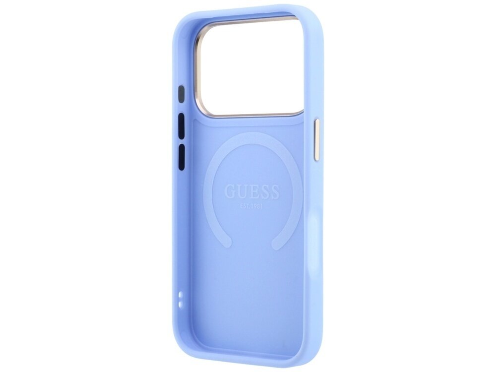 Jasnoniebieskie etui na telefon z dużym otworem na aparat i logo GUESS wytłoczonym na środku. Etui posiada przyciski boczne w kolorze czarnym i srebrnym.
