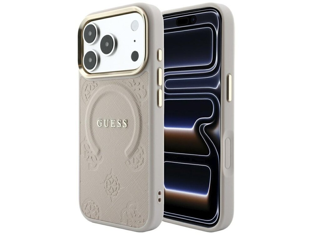 Etui na telefon w kolorze różowym z napisem \'GUESS\' i ozdobnym wzorem. Widoczny jest również telefon z wyświetlaczem i trzema aparatami.