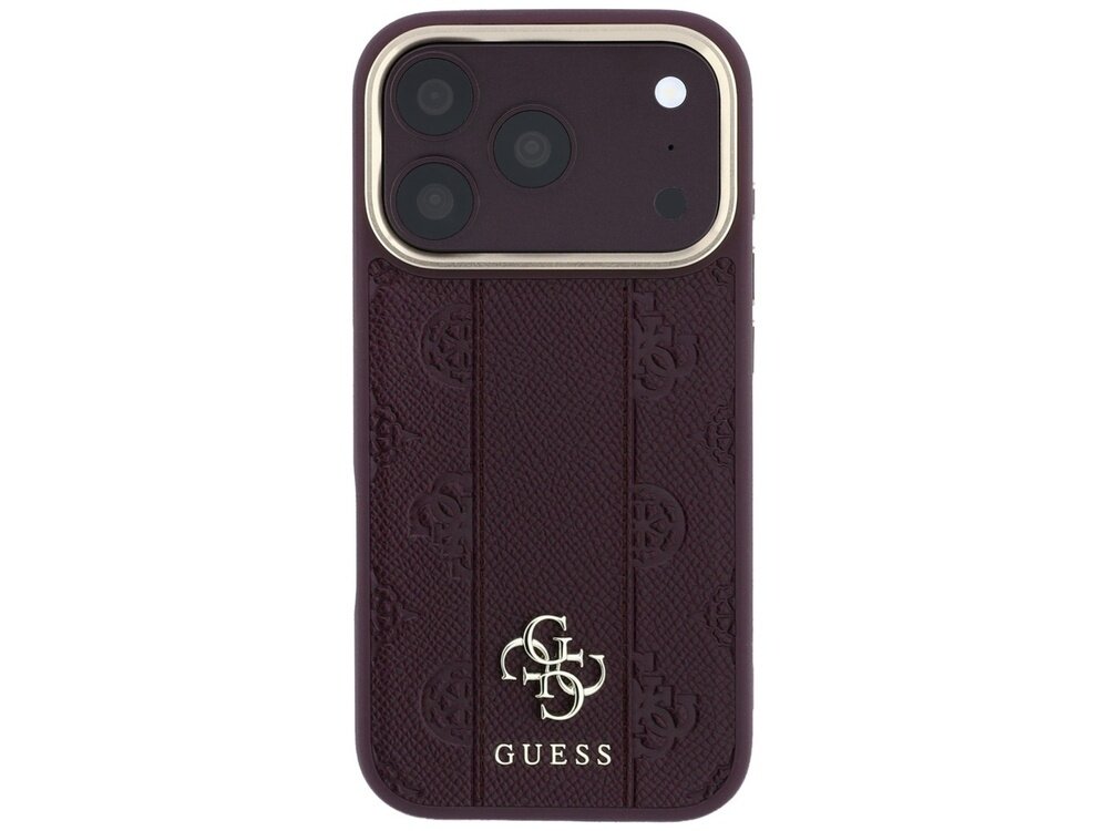 Burgundowe etui na telefon z wytłoczonym wzorem i logo \'GUESS\' w dolnej części. Etui posiada wycięcia na aparat i inne elementy telefonu.