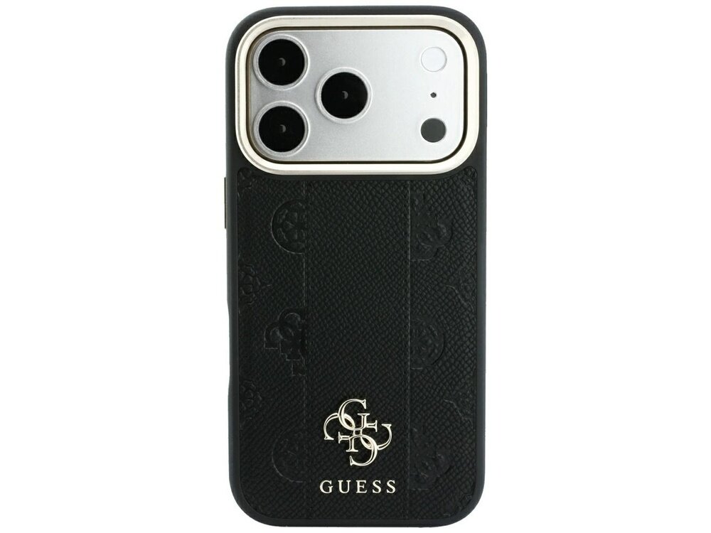 Czarne etui na telefon z logo GUESS, posiadające wzór 4G i otwory na aparat. Etui jest przeznaczone do modelu iPhone z trzema obiektywami.