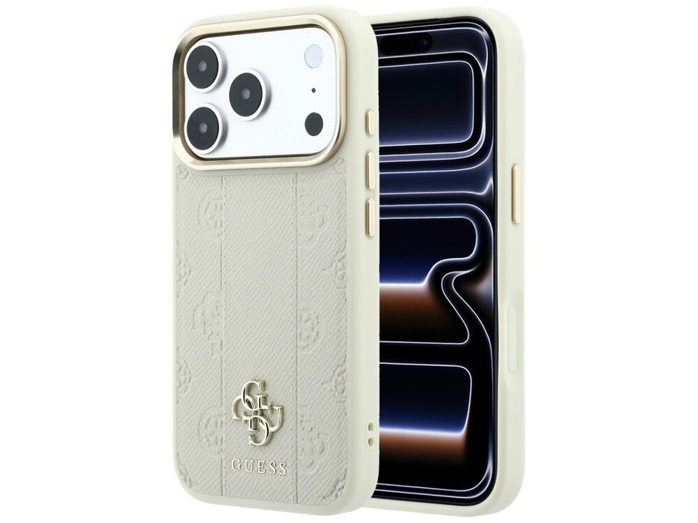 Beżowe etui na telefon z logo GUESS, posiada wzór 4G i jest kompatybilne z MagSafe. Etui ma wycięcia na aparat i przyciski boczne.