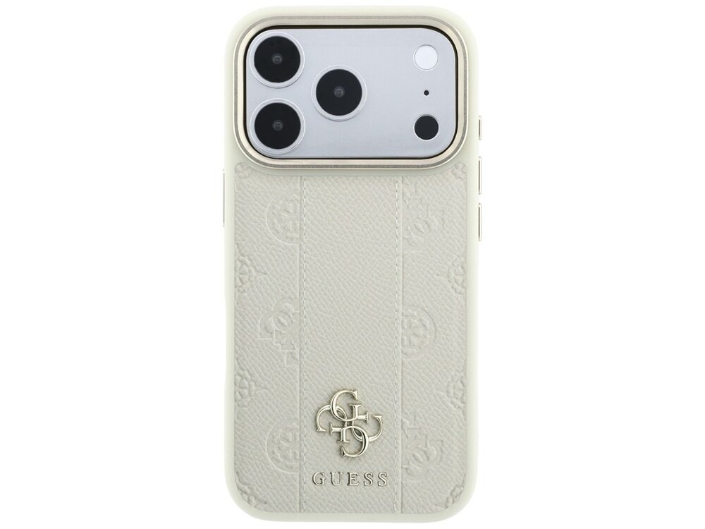 Beżowe etui na telefon z wytłoczonym wzorem i logo \'GUESS\' w dolnej części. Etui posiada wycięcia na aparat i przyciski boczne.