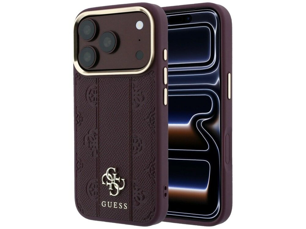 Burgundowe etui na telefon z logo GUESS, ozdobione wzorem 4G i przeznaczone do modeli Apple iPhone 17 Pro Max/18 Pro Max. Etui posiada wycięcia na aparat i przyciski oraz jest kompatybilne z MagSafe.