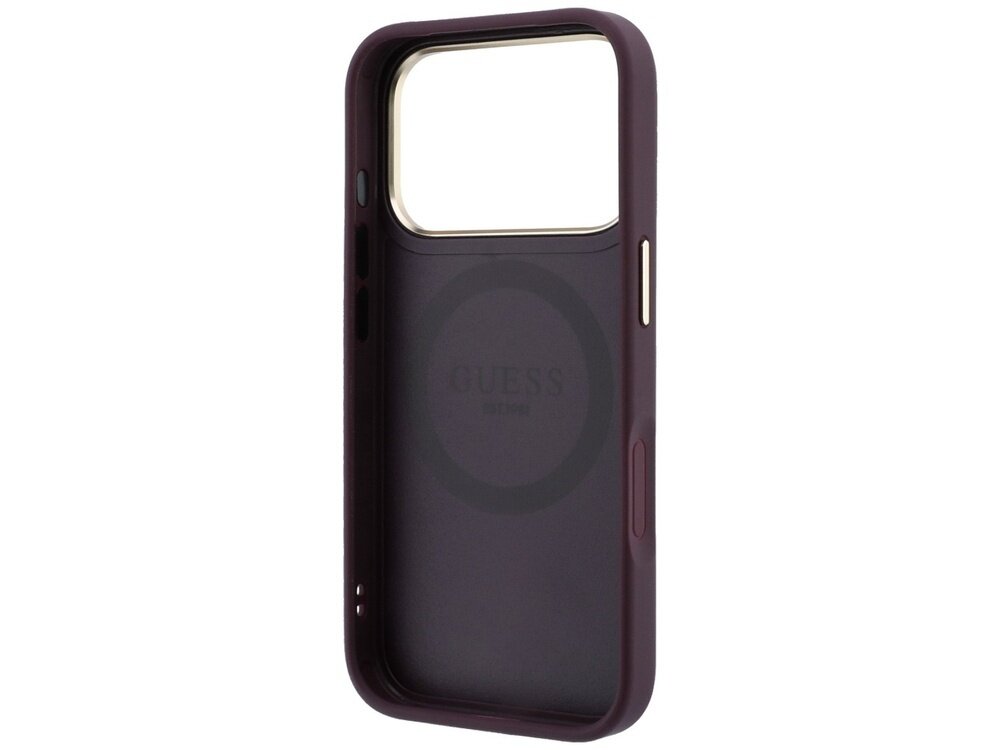 Burgundowe etui na telefon z dużym otworem na aparat i logo \'GUESS\' widocznym wewnątrz. Etui posiada wycięcia na przyciski i porty.