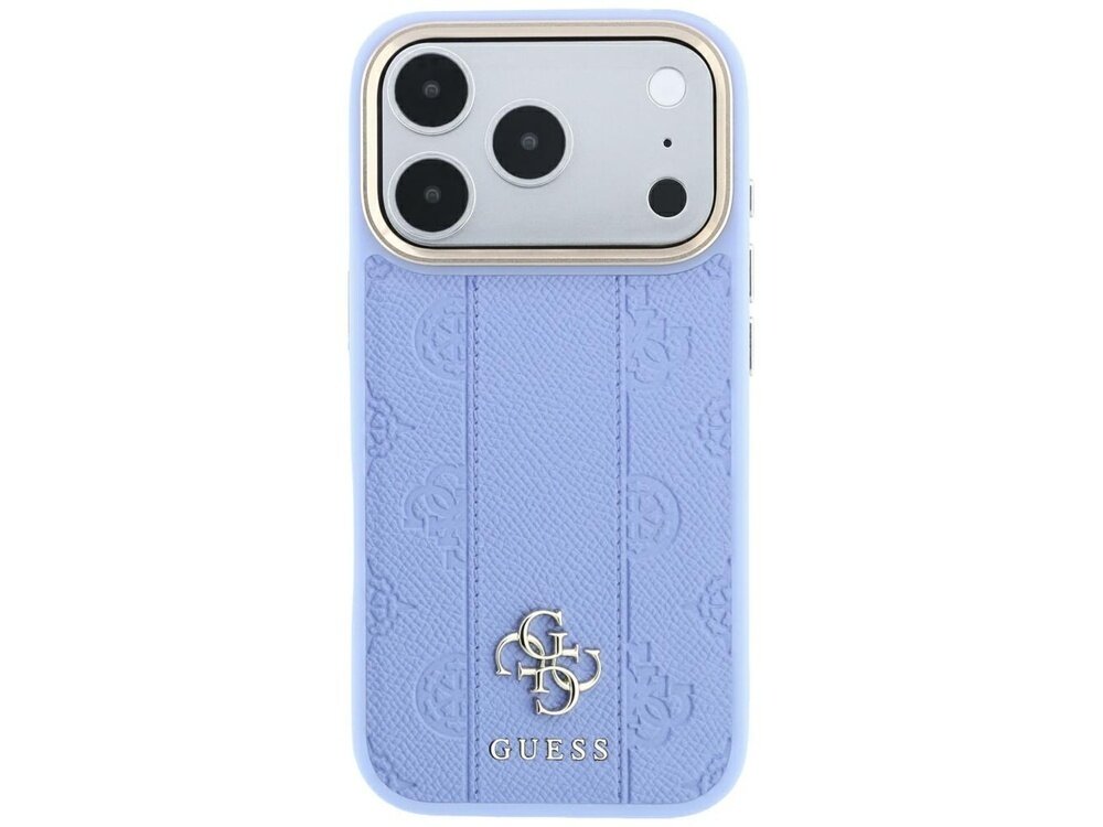 Jasnoniebieskie etui na telefon z wytłoczonym wzorem i logo \'GUESS\' w dolnej części. Etui posiada wycięcia na aparat i przyciski telefonu.