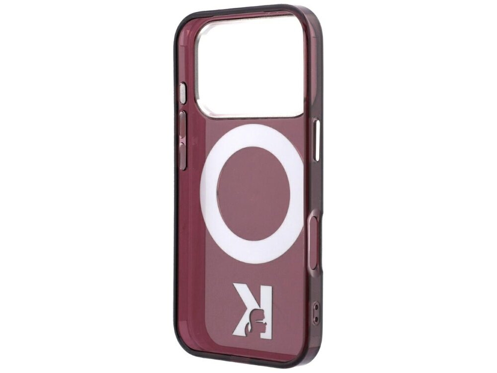 Burgundowe etui na telefon z dużym białym okręgiem i literą \'K\' na dole. Etui ma wycięcie na aparat i przyciski boczne.
