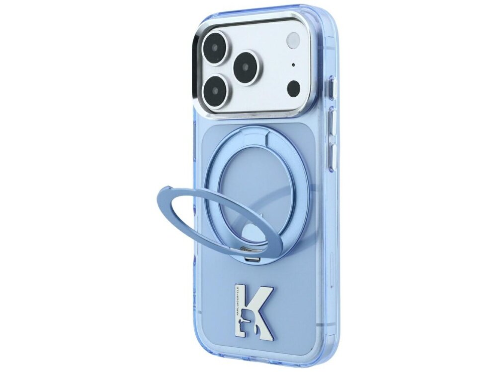 Niebieskie etui na telefon z trzema widocznymi obiektywami aparatu i metalowym pierścieniem na tylnej części. Na dole etui znajduje się srebrna litera \'K\'.