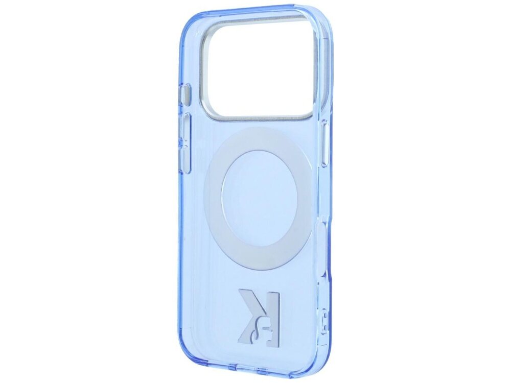 Przezroczyste, niebieskie etui na telefon z dużym otworem na aparat i okrągłym elementem na środku. Na dole widoczne jest logo \'K\'.