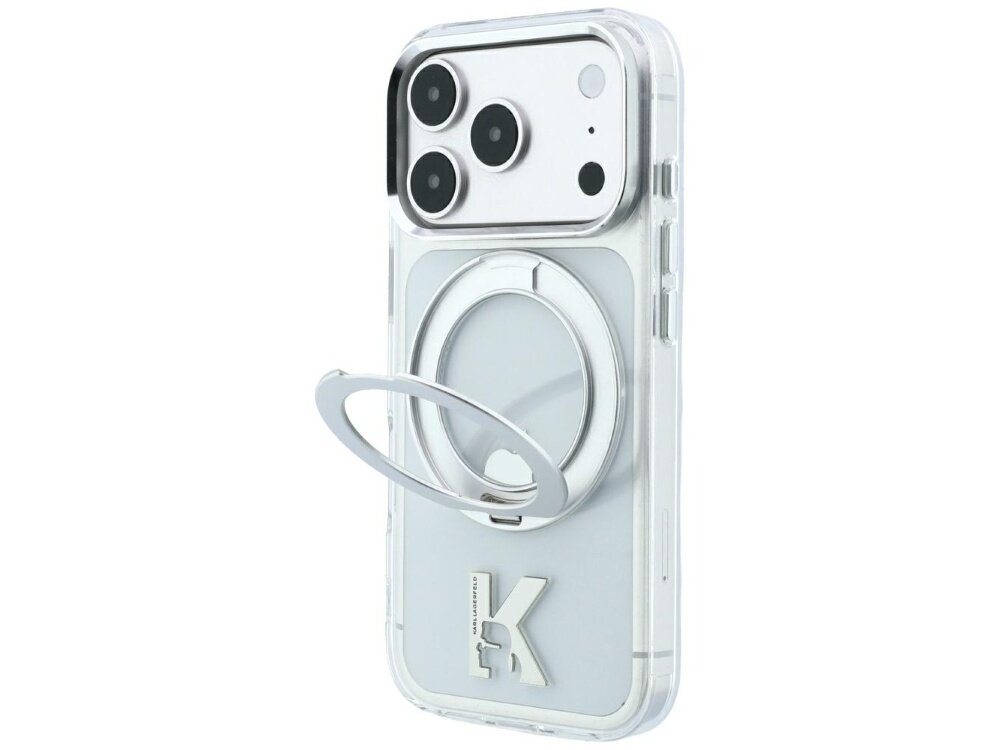 Przezroczyste etui na telefon z metalowym pierścieniem do trzymania i wycięciami na aparat. Na etui widoczne jest logo \'KARL LAGERFELD\'.