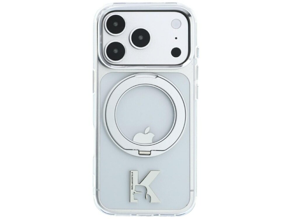 Przezroczyste etui na telefon z trzema widocznymi obiektywami aparatu i metalowym pierścieniem na środku. Na dole widoczne jest logo z literą \'K\' i napisem \'KARL LAGERFELD\'.