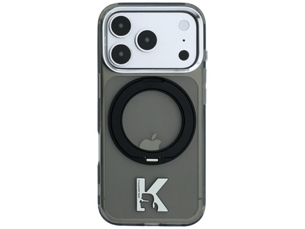 Etui na telefon z przezroczystym tyłem, czarnym pierścieniem i logo w kształcie litery \'K\'. Widoczny jest również symbol jabłka na środku etui.