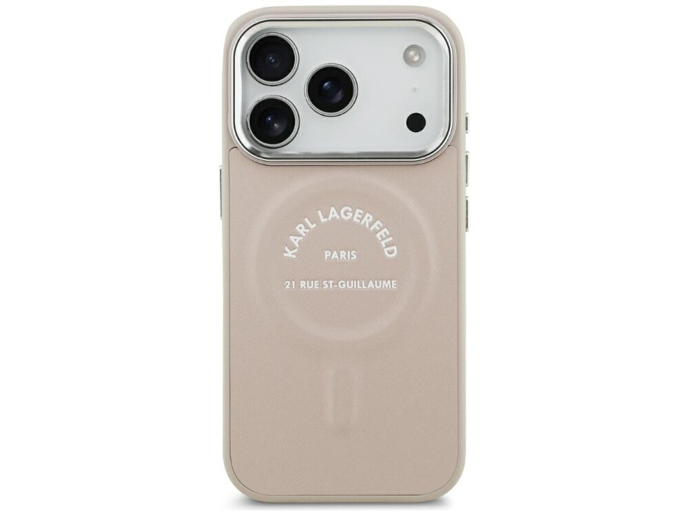 Różowe etui na telefon z trzema widocznymi obiektywami aparatu. Na etui znajduje się napis: \'KARL LAGERFELD PARIS 21 RUE ST-GUILLAUME\'.