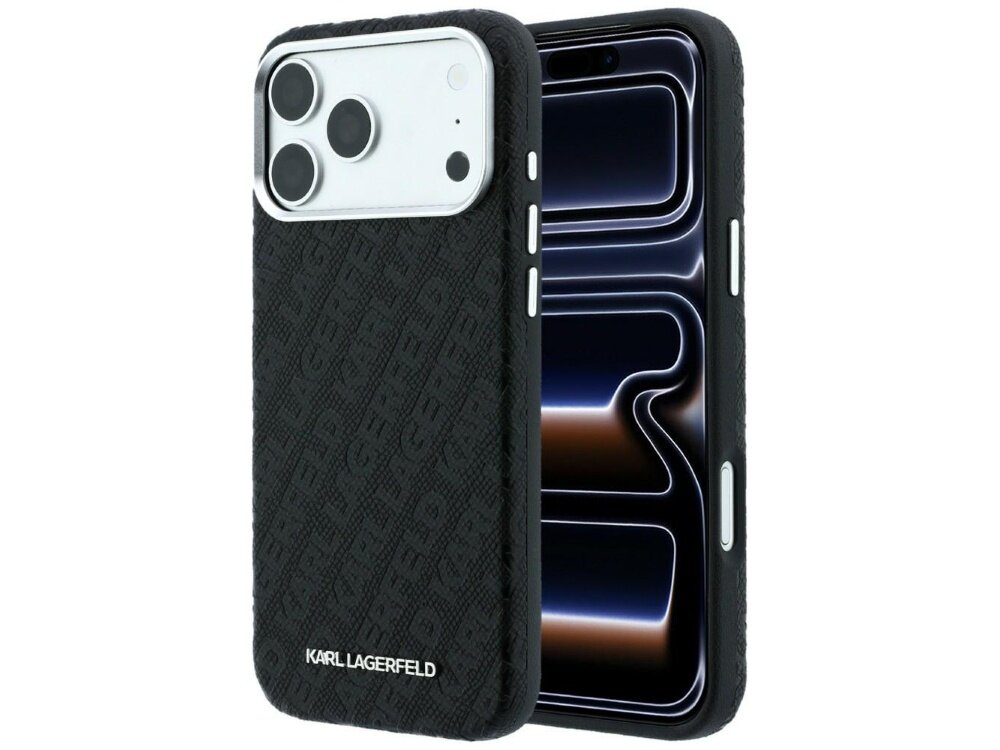 Czarne etui z teksturą i napisem \'KARL LAGERFELD\' na dole, przeznaczone dla telefonu z trzema aparatami. Obok etui widoczny jest telefon z wyświetlaczem pokazującym abstrakcyjny wzór.