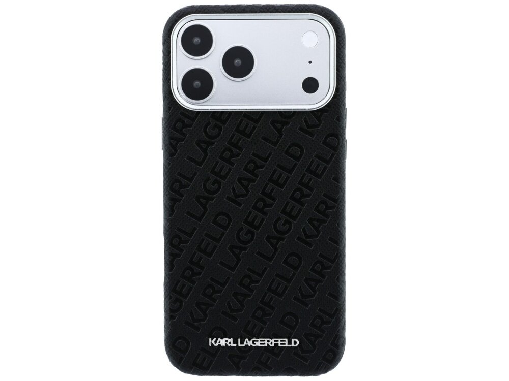 Czarne etui z wytłoczonym wzorem \'KARL LAGERFELD\' i logo na dole. Widoczny jest telefon z trzema aparatami i lampą błyskową.