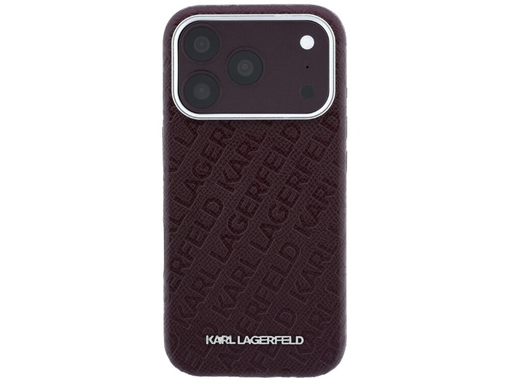 Burgundowe etui na telefon z wytłoczonym wzorem \'KARL LAGERFELD\' i wycięciem na aparat. Na dole widoczne jest logo \'KARL LAGERFELD\'.