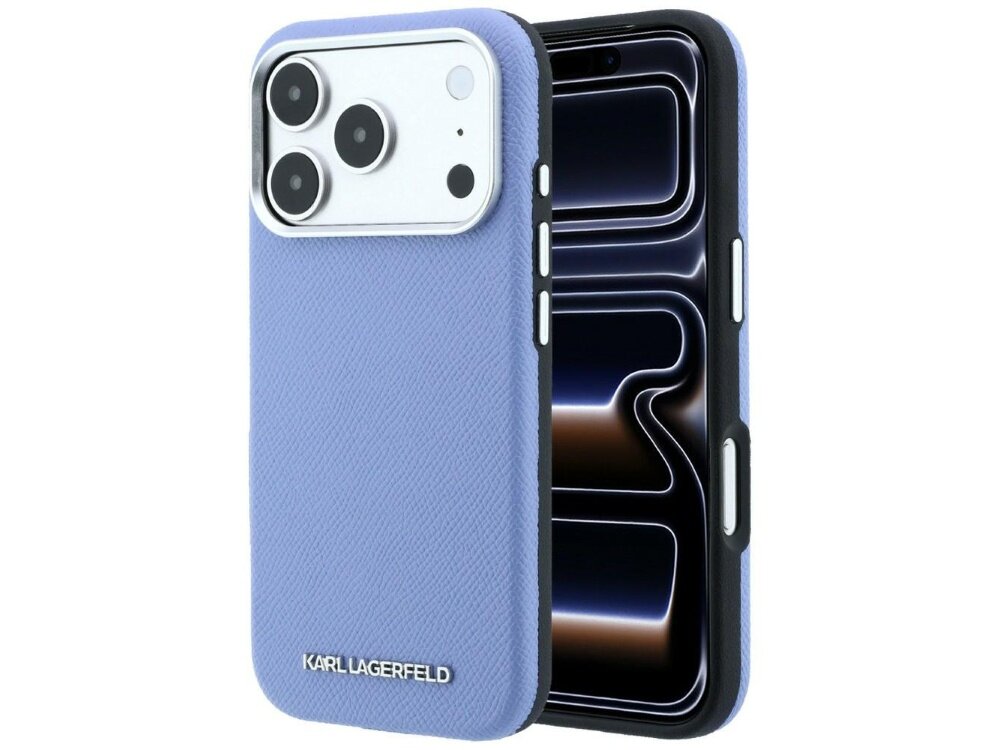 Niebieskie etui na telefon z trzema dużymi otworami na aparaty i napisem \'KARL LAGERFELD\' na dole. Etui ma teksturę przypominającą skórę i jest dopasowane do telefonu z widocznym ekranem.
