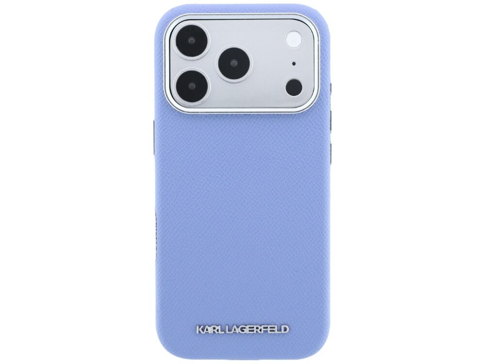 Niebieskie etui na telefon z trzema dużymi otworami na aparaty i napisem \'KARL LAGERFELD\' na dole. Etui ma teksturowaną powierzchnię.