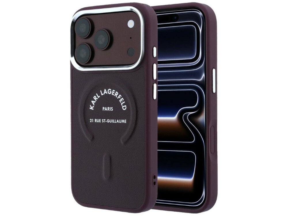 Burgundowe etui na telefon z widocznym logo \'KARL LAGERFELD PARIS 21 RUE ST-GUILLAUME\'. Etui posiada wycięcia na aparat i przyciski boczne.
