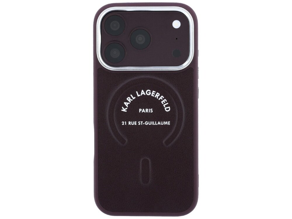 Burgundowe etui na telefon z trzema widocznymi obiektywami aparatu. Na etui znajduje się biały napis: \'KARL LAGERFELD PARIS 21 RUE ST.-GUILLAUME\'.