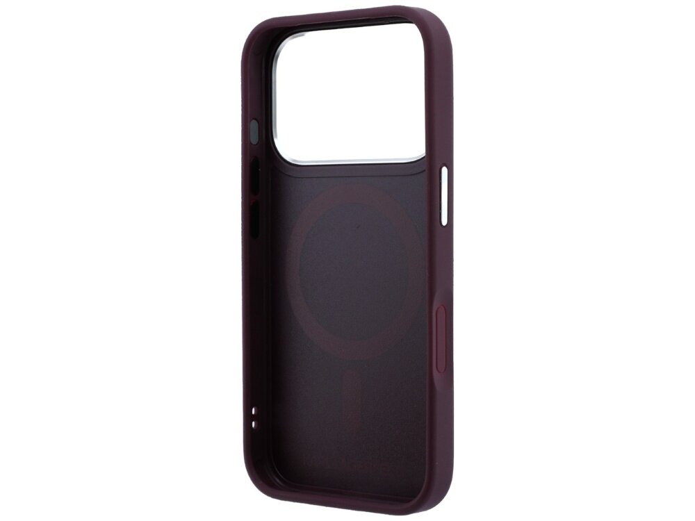 Burgundowe etui na telefon z dużym otworem na aparat i widocznym okrągłym wzorem wewnątrz, przeznaczone do urządzeń z funkcją MagSafe.