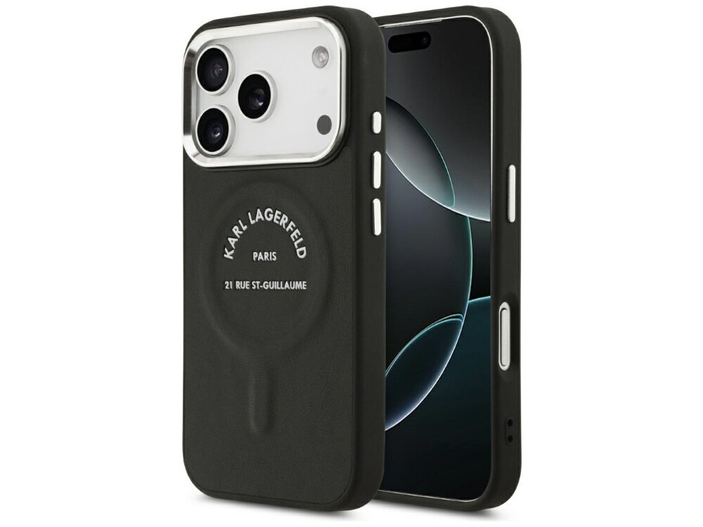 Czarne etui na telefon z logo \'KARL LAGERFELD PARIS 21 RUE ST-GUILLAUME\' widocznym na tylnej części. Etui jest dopasowane do telefonu z trzema obiektywami aparatu.