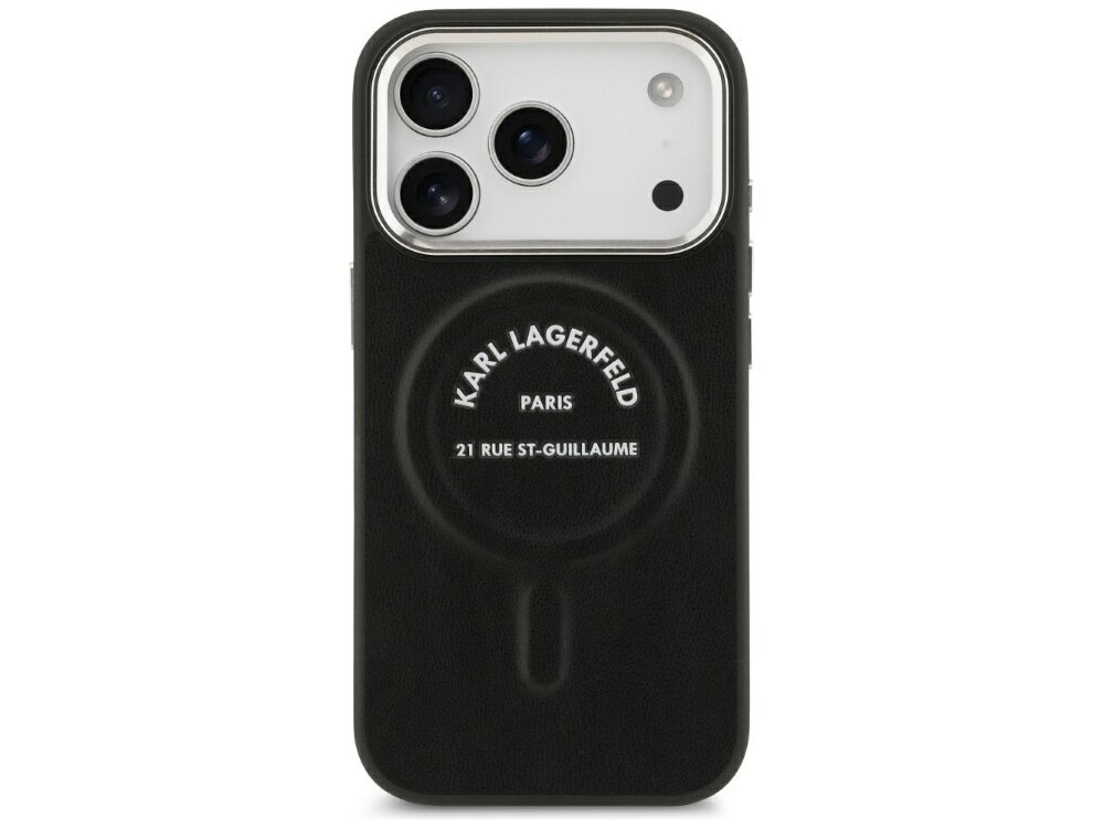 Czarne etui na telefon z trzema widocznymi obiektywami aparatu. Na etui znajduje się biały napis: \'KARL LAGERFELD PARIS 21 RUE ST-GUILLAUME\'.