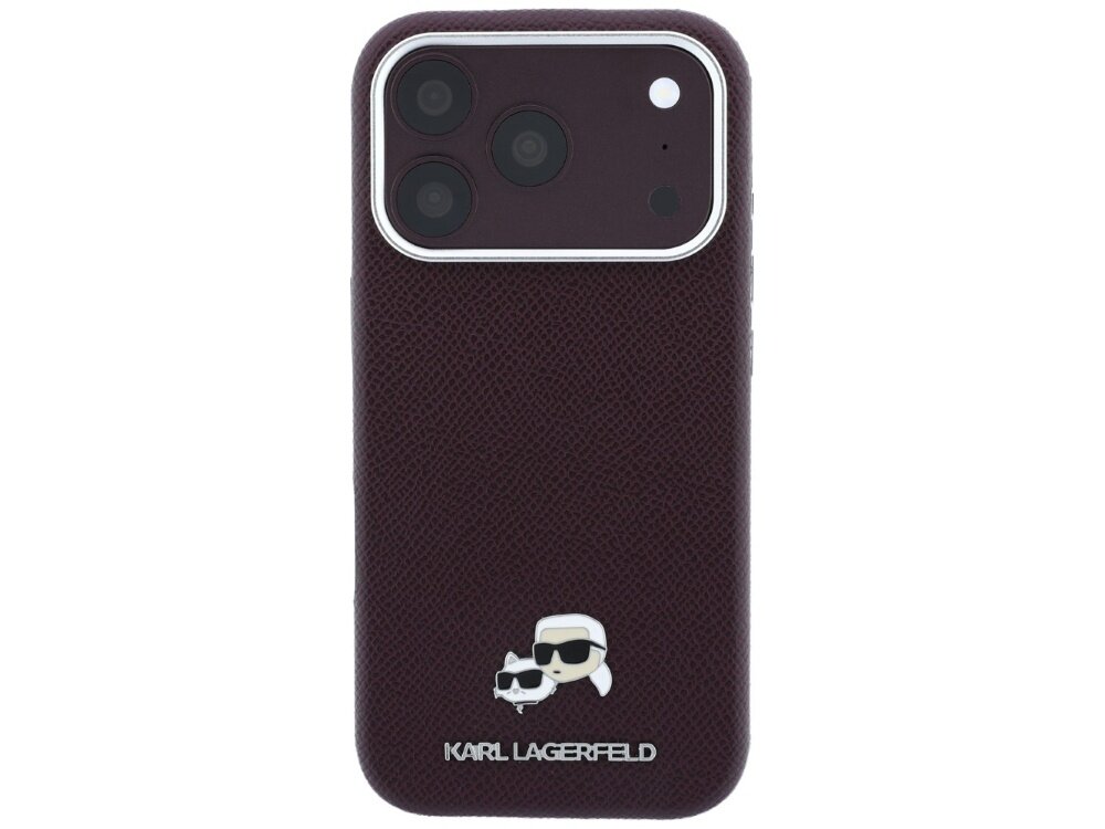 Burgundowe etui na telefon z trzema widocznymi obiektywami aparatu i grafiką przedstawiającą postać w okularach przeciwsłonecznych. Na dole znajduje się napis \'KARL LAGERFELD\'.