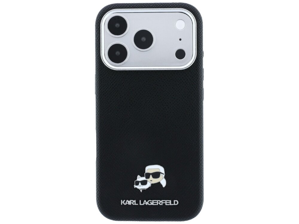 Czarne etui na telefon z trzema dużymi otworami na aparaty i dwoma mniejszymi. Na dole widoczne są grafiki dwóch postaci w okularach oraz napis \'KARL LAGERFELD\'.