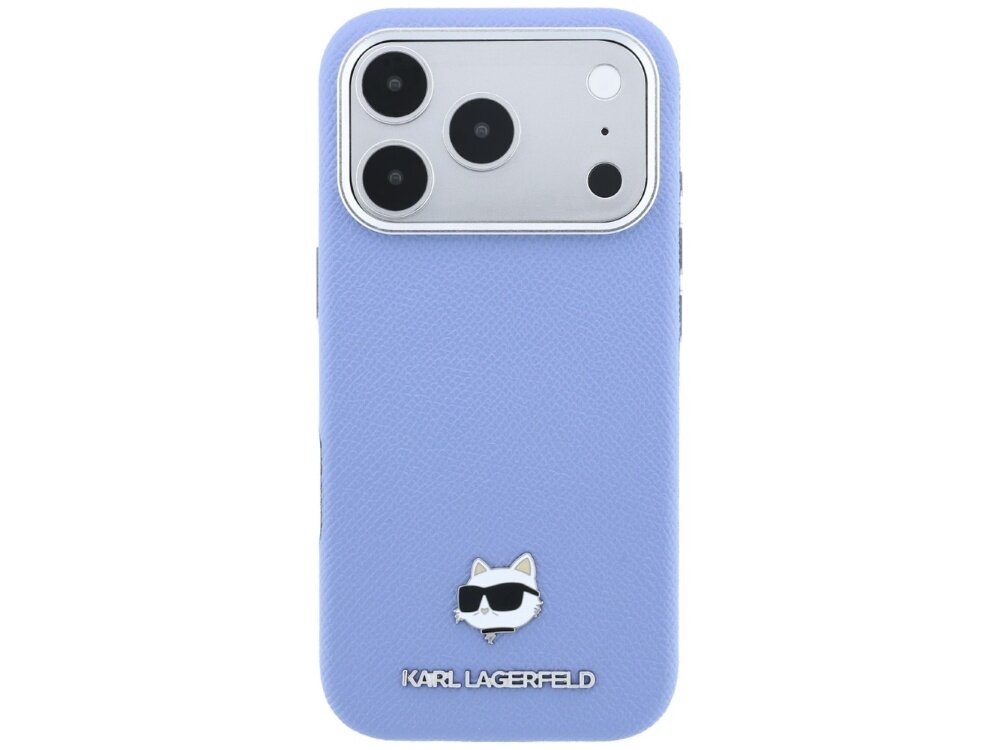 Jasnoniebieskie etui z trzema dużymi otworami na aparaty i jednym mniejszym na lampę błyskową. Na dole widoczne jest logo \'KARL LAGERFELD\' oraz metalowy emblemat przedstawiający głowę kota w okularach.