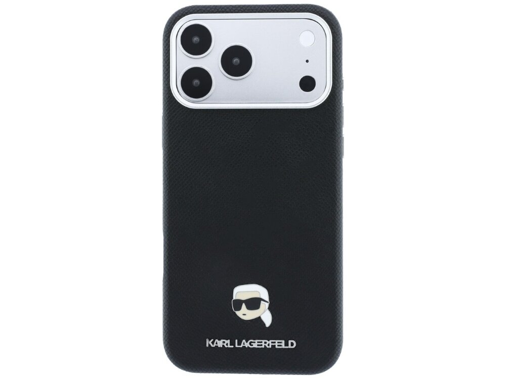 Czarne etui na telefon z trzema widocznymi obiektywami aparatu. Na dole znajduje się logo przedstawiające postać w okularach przeciwsłonecznych oraz napis \'KARL LAGERFELD\'.