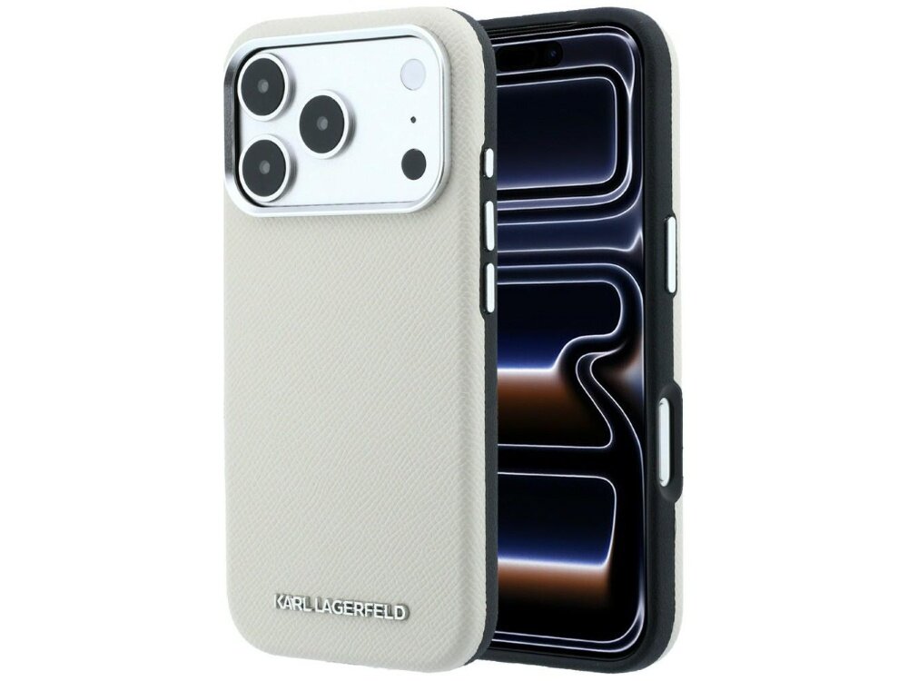 Beżowe etui na telefon z trzema dużymi otworami na aparaty i napisem \'KARL LAGERFELD\' na dole. Telefon w etui ma wyświetlony abstrakcyjny wzór na ekranie.