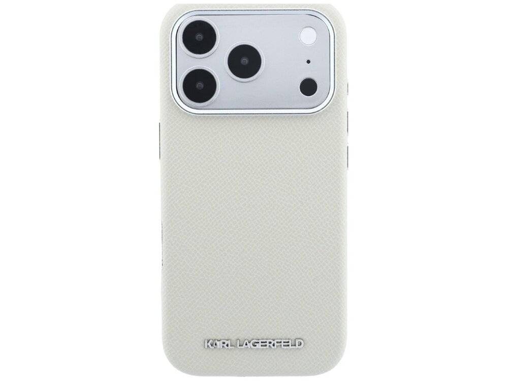 Beżowe etui na telefon z trzema widocznymi otworami na aparaty i logo \'KARL LAGERFELD\' na dole.