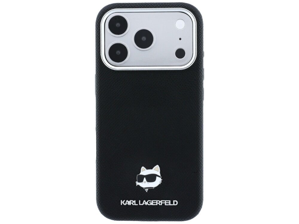 Czarne etui na telefon z trzema dużymi otworami na aparaty fotograficzne. Na dole widoczne jest logo przedstawiające kota w okularach przeciwsłonecznych oraz napis \'KARL LAGERFELD\'.