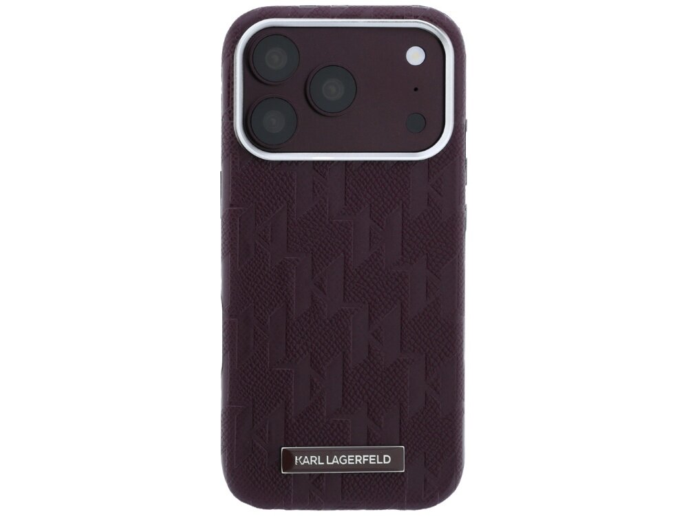 Burgundowe etui na telefon z wytłoczonym wzorem i logo \'KARL LAGERFELD\' na dole. Etui posiada wycięcia na aparat i inne elementy telefonu.